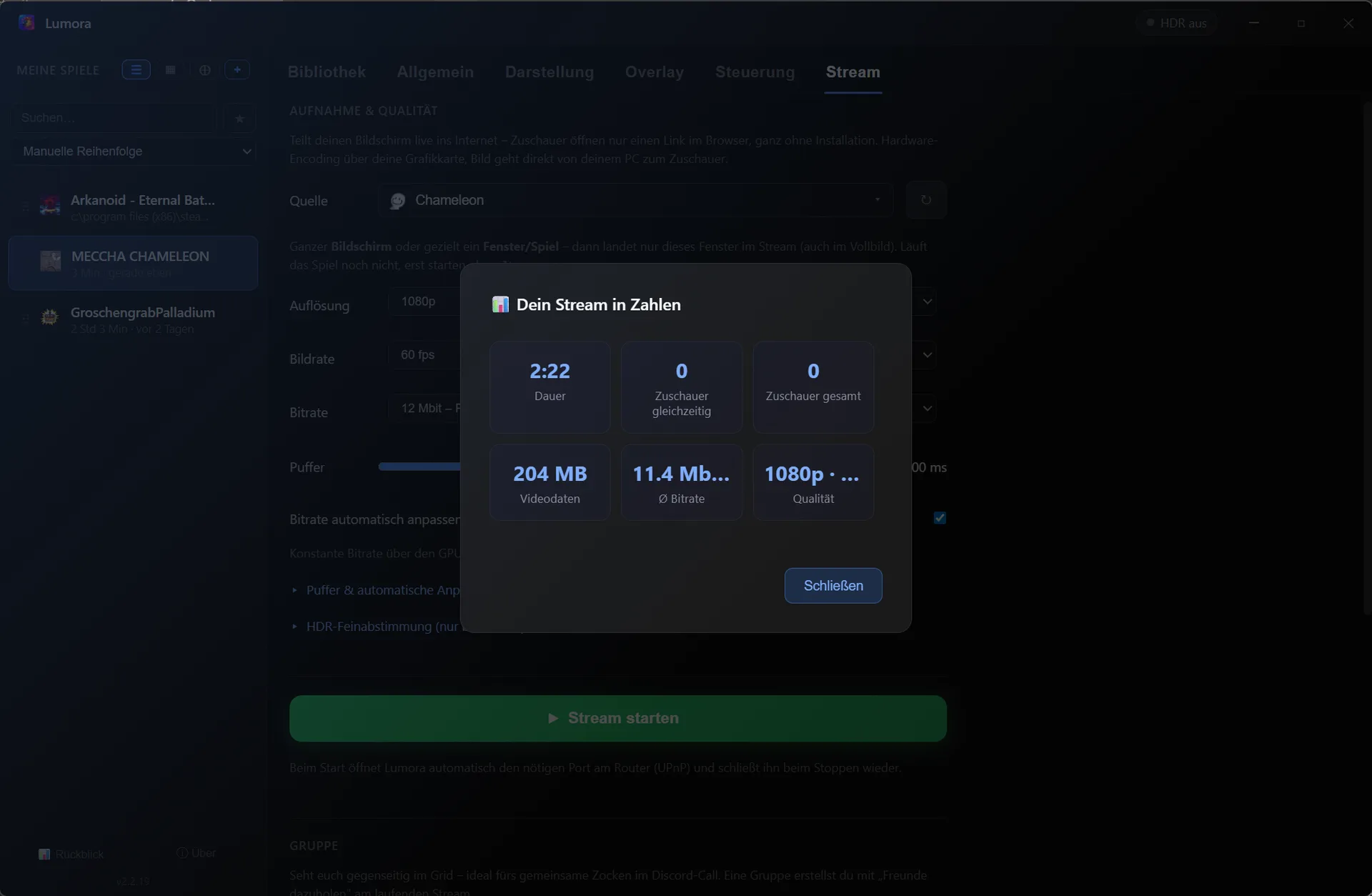 Lumora Stream-Statistik nach dem Beenden: Dauer, Zuschauer gleichzeitig und gesamt, übertragene Videodaten, durchschnittliche Bitrate und Qualität