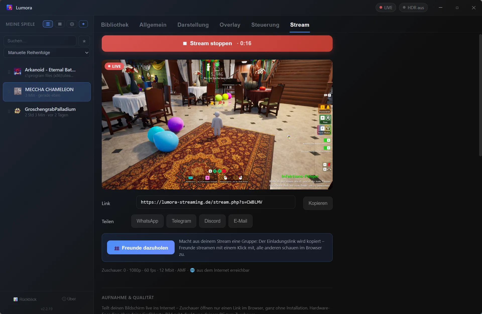Lumora Stream-Tab: Live-Vorschau des Spiels, Teilen-Link und „Freunde dazuholen